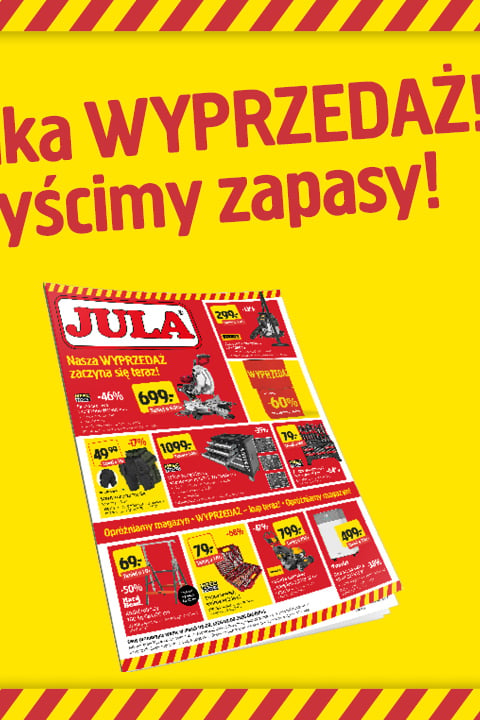 Ogłoszenie o wyprzedaży likwidacyjnej JULA z dużymi rabatami i cenami różnych produktów w ramach akcji wyprzedaży zapasów.