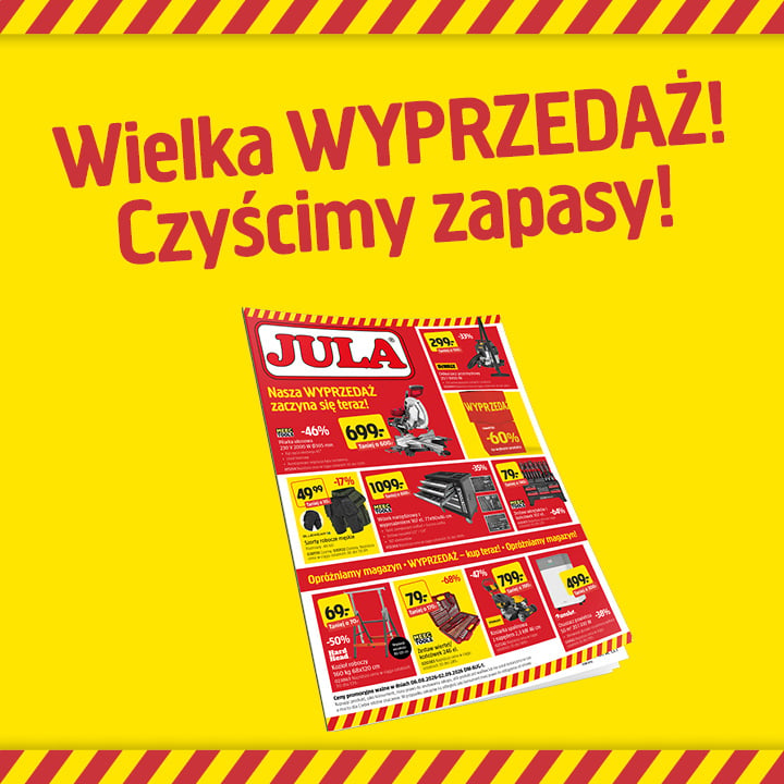 Jaskrawożółte tło otoczone czerwonymi paskami, pogrubiony napis „Wielka WYPRZEDAŻ! Czyścimy zapasy!” oraz przechylony katalog „Jula” przedstawiający wybór przecenionych produktów.
