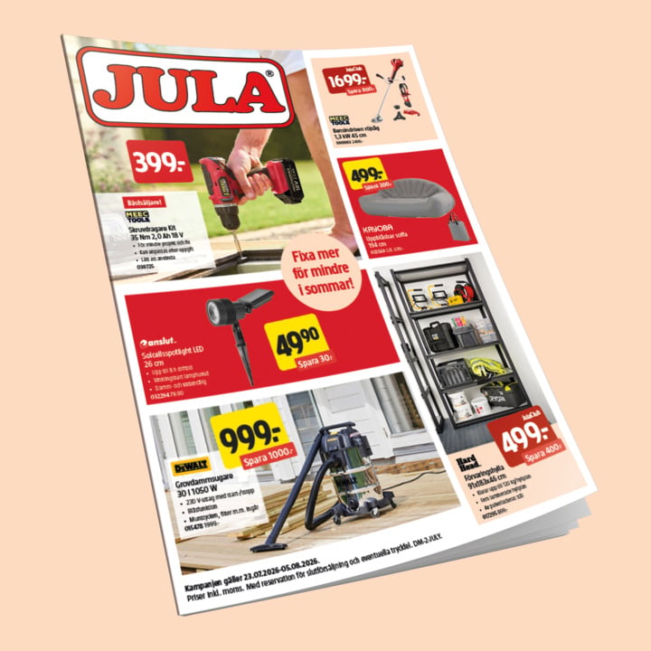 I ett reklamblad från Jula visas bilder och priser på produkter som en borrmaskin, en högtryckstvätt, ett hyllsystem, en LED-ficklampa och en rund grill. Layouten präglas av färgerna rött, gult och vitt och innehåller produktbeskrivningar.