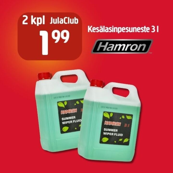 Kaksi 3-litraista Hamron Summer -lasinpuhdistusnesteen pulloa seisoo punaista taustaa vasten. Mainostekstissä korostetaan JulaClubin tarjousta, jossa molemmat pullot myydään hintaan 1,99. Hamronin logo on musta ja hopeanvärinen.
