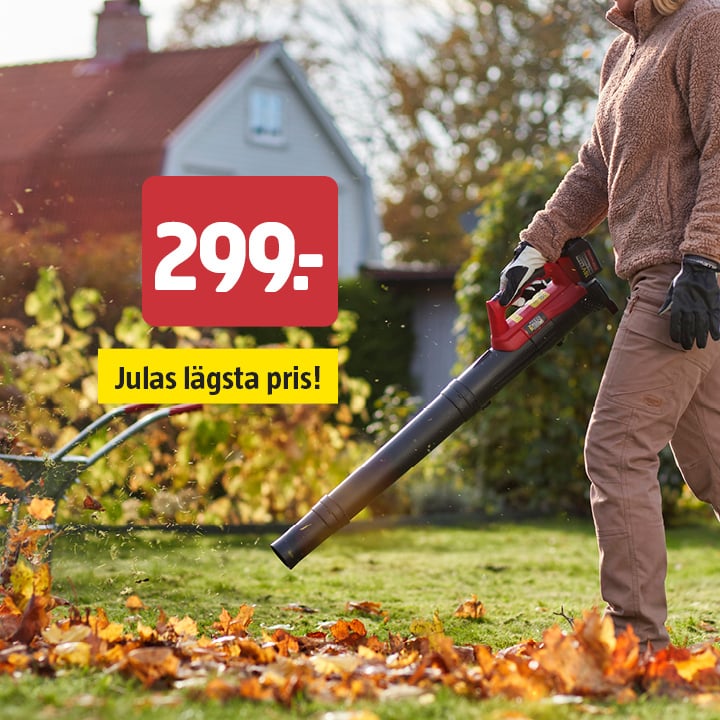 En person klädd i höstkläder använder en lövblåsare för att rensa bort löv som ligger utspridda på en gräsmatta. En röd prislapp visar 299:-, och under den står det med fet gul text: ”Julas lägsta pris!”. I bakgrunden syns ett hus som är något oskarp.