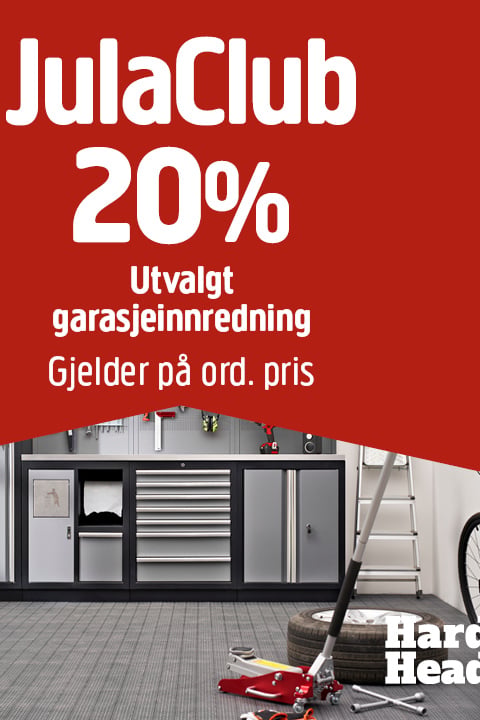 Et reklamebilde som viser et rødt banner der det står at JulaClub tilbyr 20 % rabatt på utvalgte garasjeinnredningsartikler på normalpris, plassert over et garasjemiljø med skap, verktøy, dekk og en sykkel. Hard Head-logoen vises i hjørnet.