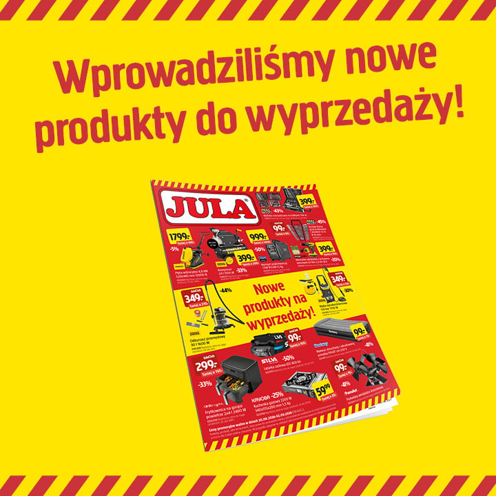 Ulotka sklepowa na żółtym tle z czerwonymi paskami, zawierająca napis „Wprowadziliśmy nowe produkty do wyprzedaży!” oraz przedstawiająca różne narzędzia i artykuły wraz z ich cenami.