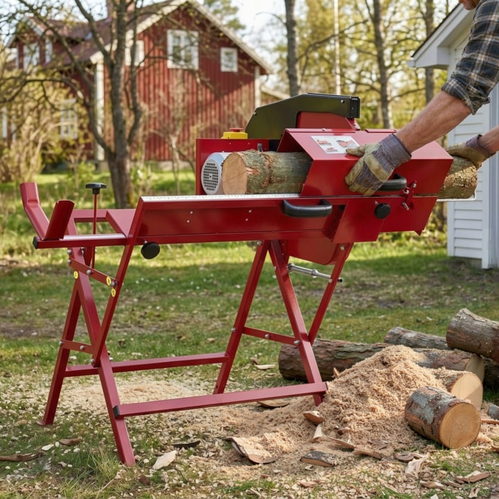 Eine behandschuhte Person bedient draußen einen roten Holzspalter, umgeben von gehacktem Holz und Sägemehl am Boden. Im Hintergrund sind Bäume, ein rotes Haus und ein weißes Gebäude zu sehen.