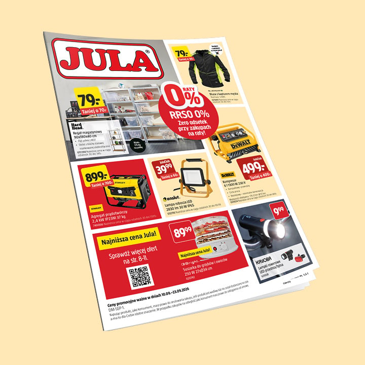 Ulotka sklepu Jula zawierająca zdjęcia i ceny kurtki, systemu do przechowywania, generatora, lampy roboczej, elektronarzędzia i latarki, wraz z tekstem promocyjnym.