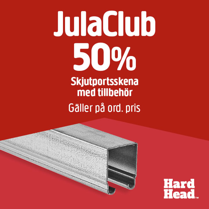 En skjutdörrskena i metall med tillbehör, avbildad mot en röd bakgrund. Texten lyder: ”JulaClub 50 % Skjutdörrskena med tillbehör. Gäller ordinarie pris. Hard Head.”.