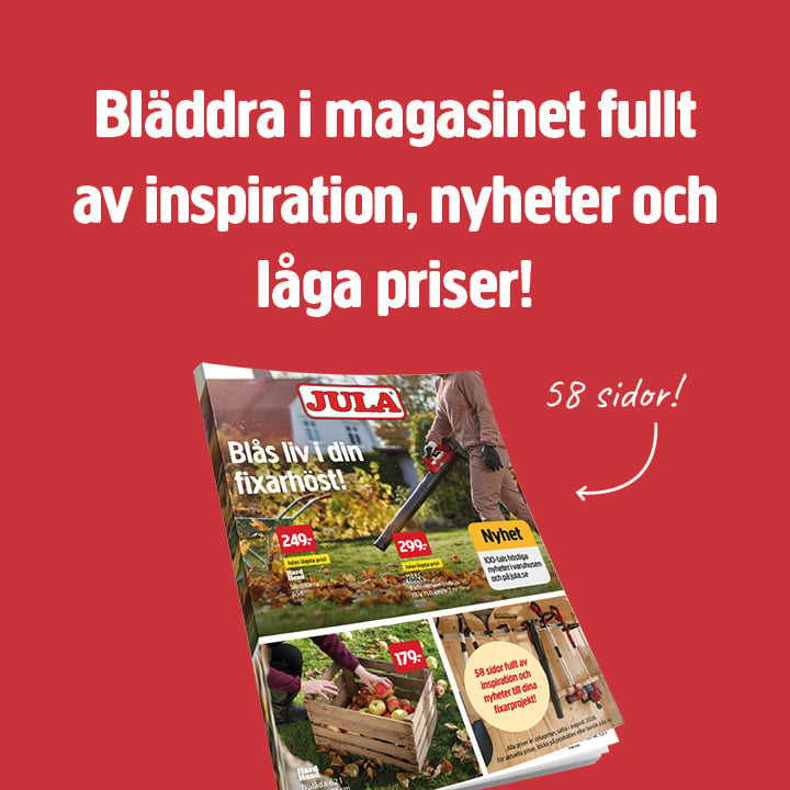 På tidningens omslag, med Jula-logotypen, visas trädgårdsredskap och priser mot en röd bakgrund. En reklamtext högst upp lyfter fram inspiration, nyheter och överkomliga priser. En pil pekar mot tidningen där det står ”58 sidor!”.