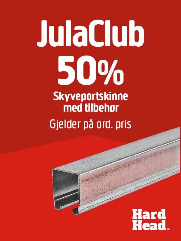 En sølvfarget skyvedørsskinne av metall vises mot en rød bakgrunn, med hvit tekst som kunngjør 50 % rabatt på normalprisen for JulaClub-medlemmer. Hard Head-merket vises i ett hjørne.