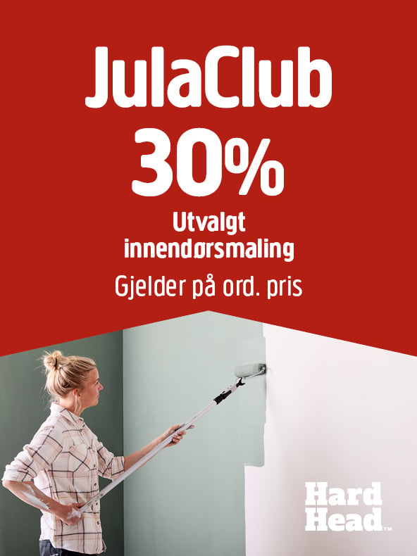 En kvinne bruker en malerulle til å male en vegg grønn. Teksten over lyder: «JulaClub 30 % på utvalgte innendørsmalinger. Gjelder normalpris.» Hard Head-logoen vises i nedre høyre hjørne.