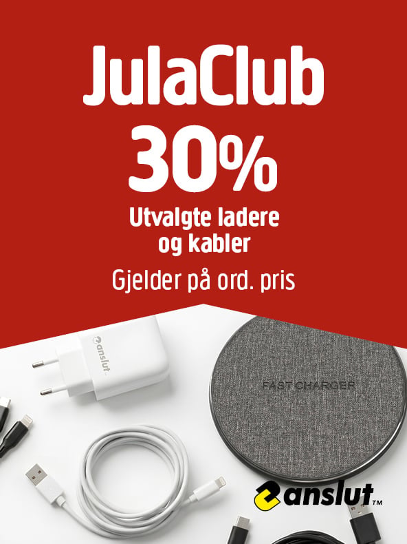 En annonse fra JulaClub tilbyr 30 % rabatt på utvalgte ladere og kabler til normalpris. Bildet viser en vegglader, en rund trådløs lader og flere typer kabler.