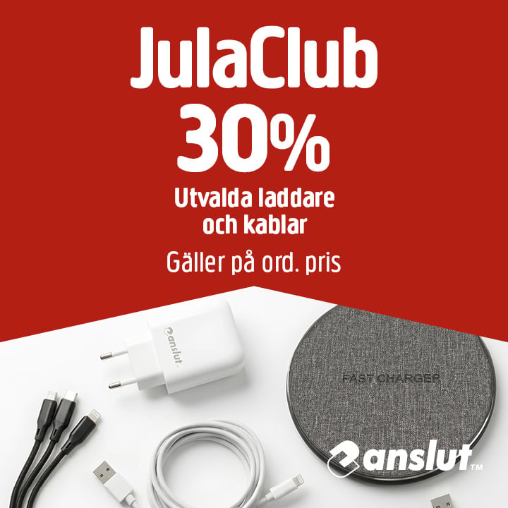 En röd och vit annons informerar om att JulaClub erbjuder 30 % rabatt på utvalda laddare och kablar till ordinarie pris. Bildmaterialet visar en laddningsplatta, en väggladdare och flera olika typer av kablar, och anslut-logotypen finns i det nedre högra hörnet.