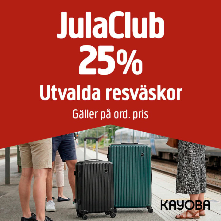 Reklambild som visar fyra personer på en tågperrong med två resväskor. I erbjudandet står det: JulaClub 25 % rabatt på utvalda resväskor, gäller ordinarie pris. Kayoba-logotypen syns i hörnet.