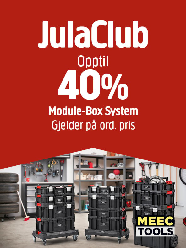 En annonse fra JulaClub reklamerer med opptil 40 % rabatt på Meec Tools’ Module-Box-system. Flere svarte verktøykasser er stablet i et verkstedsmiljø, omgitt av hyller, diverse verktøy og dekk i bakgrunnen. Det vises en reklametekst på bildet.