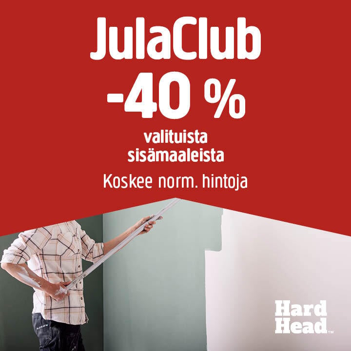 Henkilö maalaa seinää vihreäksi telalla. Kuvassa on teksti: ”40 %:n JulaClub-alennus valikoiduista sisustusmaaleista, koskee normaalihintoja.” Hard Head -logo näkyy oikeassa alakulmassa.