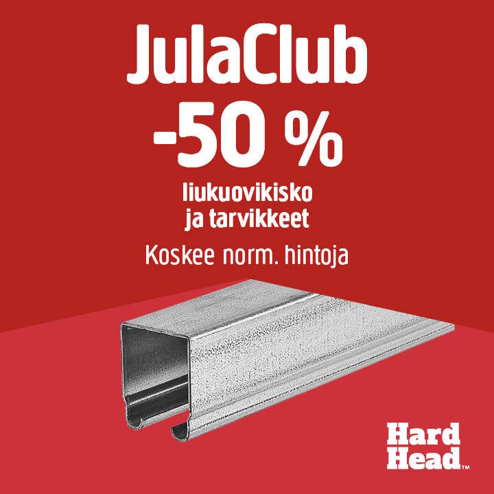 Punaisella taustalla näkyy metallinen liukukisko ja teksti: ”50 %:n alennus liukukiskoista ja tarvikkeista JulaClub-jäsenille.” Kulmassa näkyy Hard Head -logo.