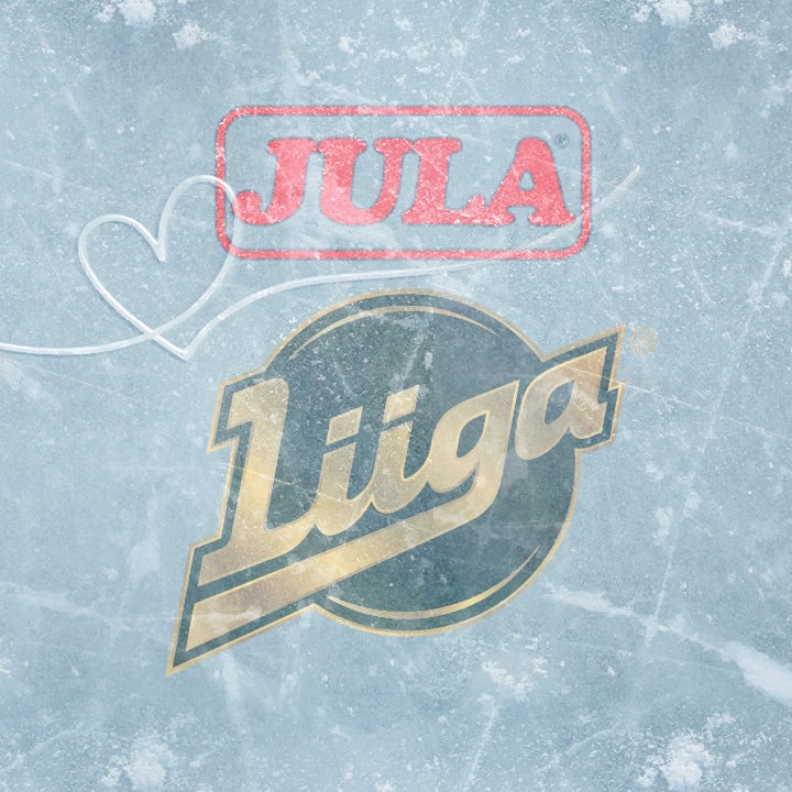 Jäätävällä taustalla näkyy punainen ”Jula”-logo ja kultainen ”Liiga”-logo, ja niiden vasemmalla puolella on yksinkertainen valkoinen sydämen ääriviiva.