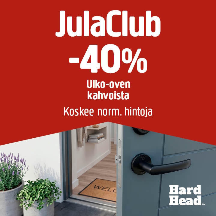 Sininen ovi, jossa on musta kahva, on auki, ja sen edessä näkyy tervetulomatto ja kasveja. Tekstissä lukee: ”JulaClub-jäsenille 40 %:n alennus ulko-ovien kahvoista, alennus koskee normaalihintoja.” Kulmassa näkyy Hard Head -logo.