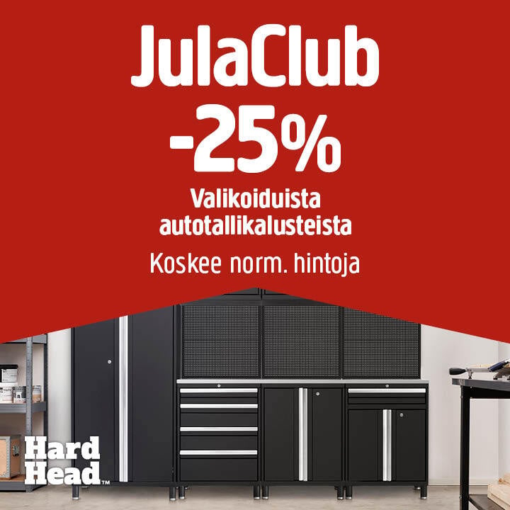 JulaClub-mainoksessa lukee ”25 % alennus valikoiduista autotallikalusteista”. Taustalla on mustia kaappeja ja laatikostoja, alareunassa Hard Head -logo. Teksti on punaisella pohjalla.