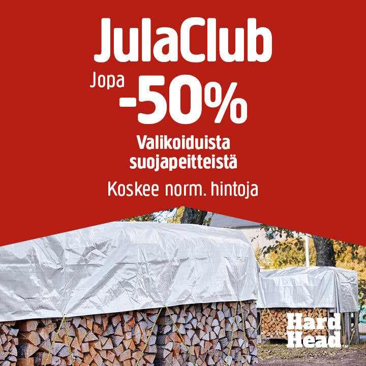 Ulkona oleva polttopuupino on peitetty valkoisella pressulla. Kuvatekstissä lukee: ”JulaClub Jopa -50 % valikoiduista suojapeitteistä. Koskee normaalihintoja.” Oikeassa alakulmassa näkyy Hard Head -logo.