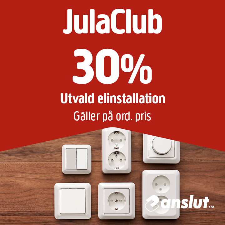 Annons för JulaClub där sex elinstallationsprodukter visas på en träyta, med texten ”30 % rabatt på utvalda elinstallationer till ordinarie pris.”.