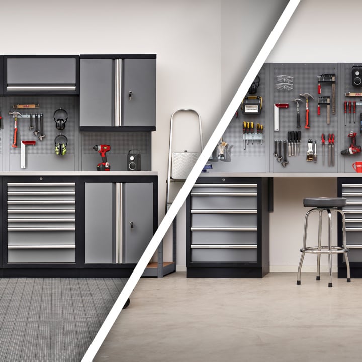 Ein geteiltes Bild zeigt zwei ordentliche Garagenarbeitsplätze, jeweils mit Schränken, Schubladen, Pegboards und ordentlich arrangierten Handwerkzeugen. Die linke Seite hat einen Teppichboden, die rechte Seite einen Hocker und einen unbedeckten Boden.