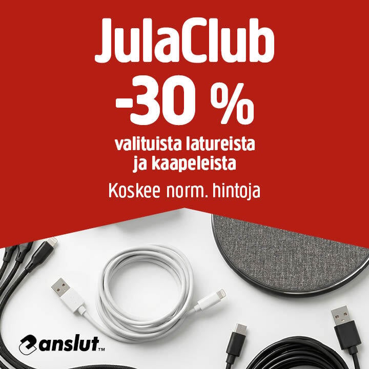 Mainos, jossa lukee: JulaClub – 30 % alennus valikoiduista latureista ja kaapeleista. Koskee normaalihintoja. Kuvassa näkyy erilaisia latauskaapeleita, pistoke ja pyöreä laite.
