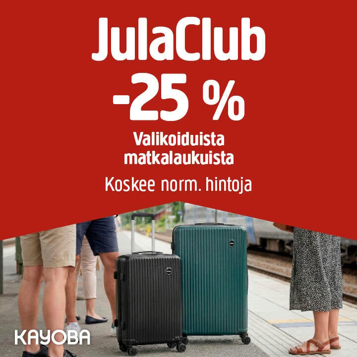 Neljä henkilöä seisoo junalaiturilla kahden matkalaukun kanssa. Kuvassa lukee: JulaClub-jäsenille 25 %:n alennus valikoiduista matkalaukuista. Kayoba-tuotemerkki näkyy kuvassa.