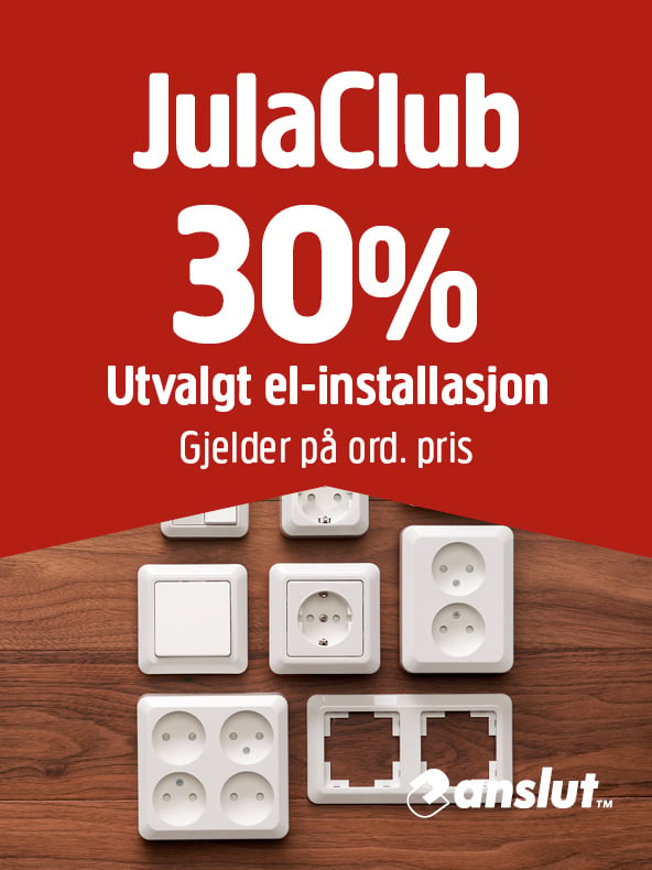 JulaClub: 30 % rabatt på utvalgte produkter til elektrisk installasjon, gjelder ordinære priser. Ulike hvite stikkontakter og brytere plassert på en treflate.