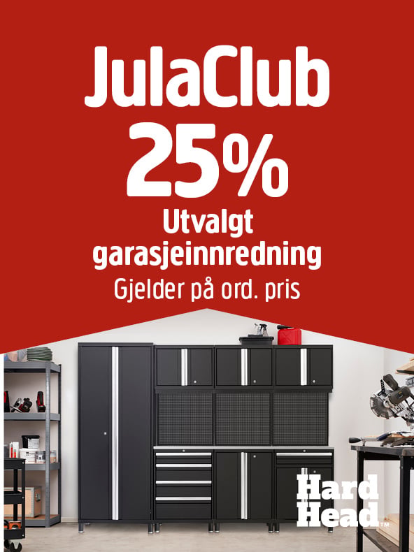 Rød annonse med teksten JulaClub 25 % i fet skrift, samt informasjon om rabatter på utvalgte garasjeinnredningsartikler. Bildet viser svarte oppbevaringsskap og skuffer, og Hard Head-logoen i nedre høyre hjørne.