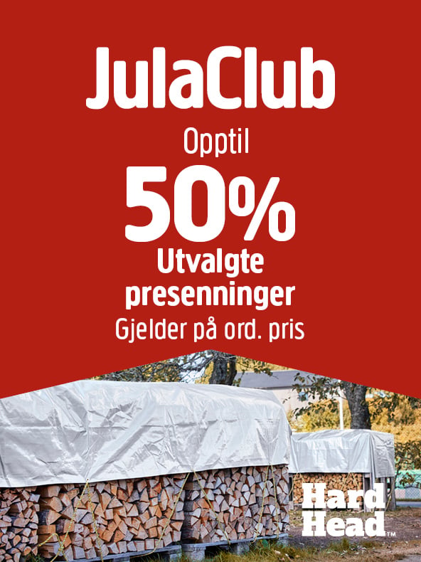Annonse med teksten: Opptil 50 % rabatt på utvalgte presenninger for JulaClub-medlemmer. Under bildet ser man stabler med ved som er dekket av hvite presenninger utendørs, med trær i bakgrunnen. Hard Head-logoen er synlig.