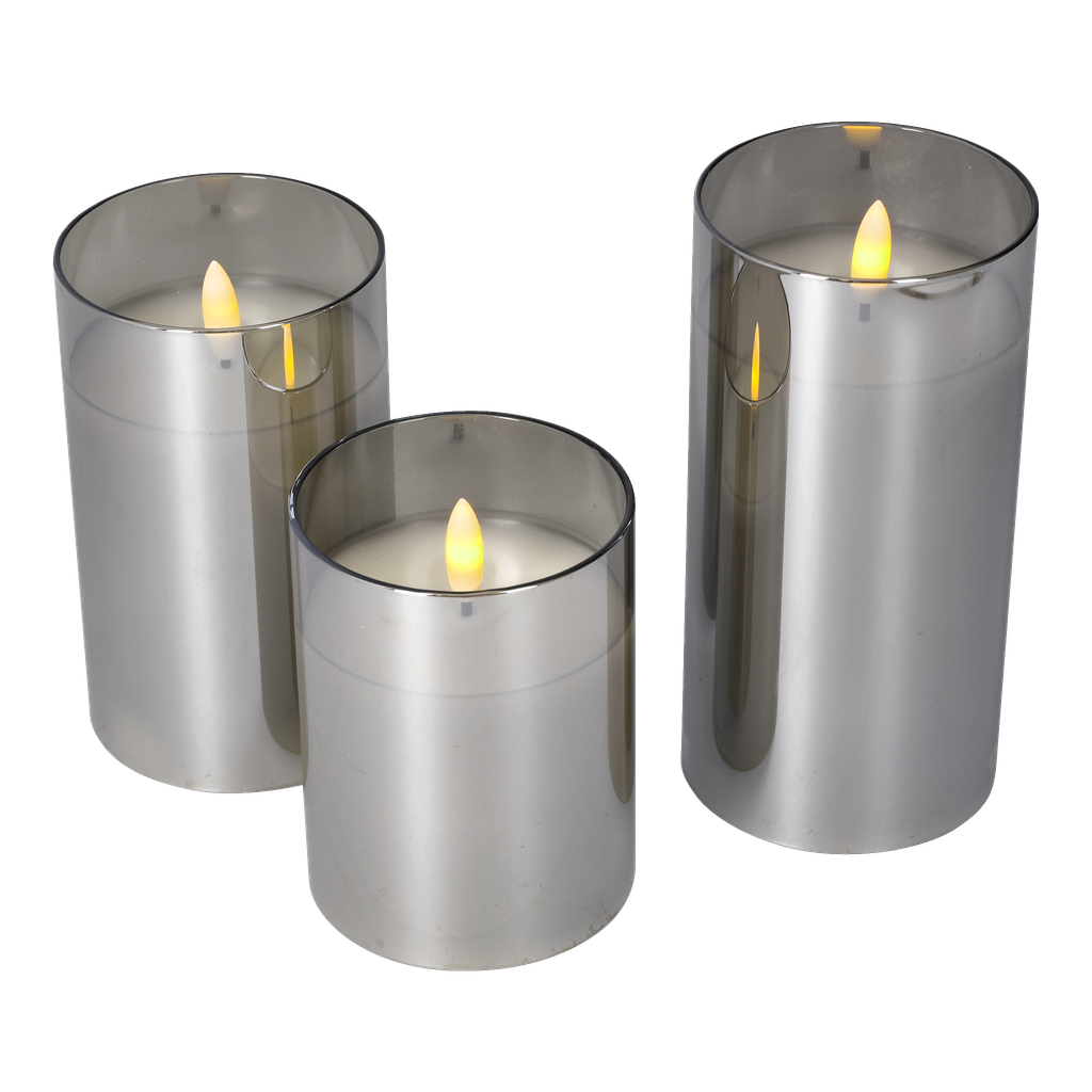 Kubbelys med flamme som flakker LED Tre deler 10/12,5/15 cm