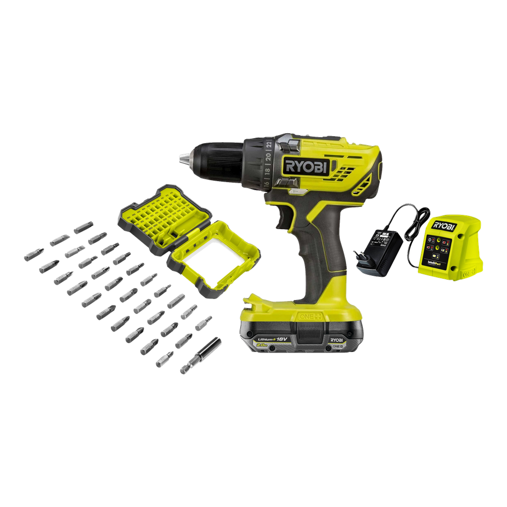 Ryobi ONE+ Skruvdragare med bitssats och batteri