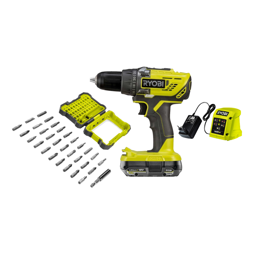 Ryobi ONE+ Borskrutrekker med bitssett og batteri