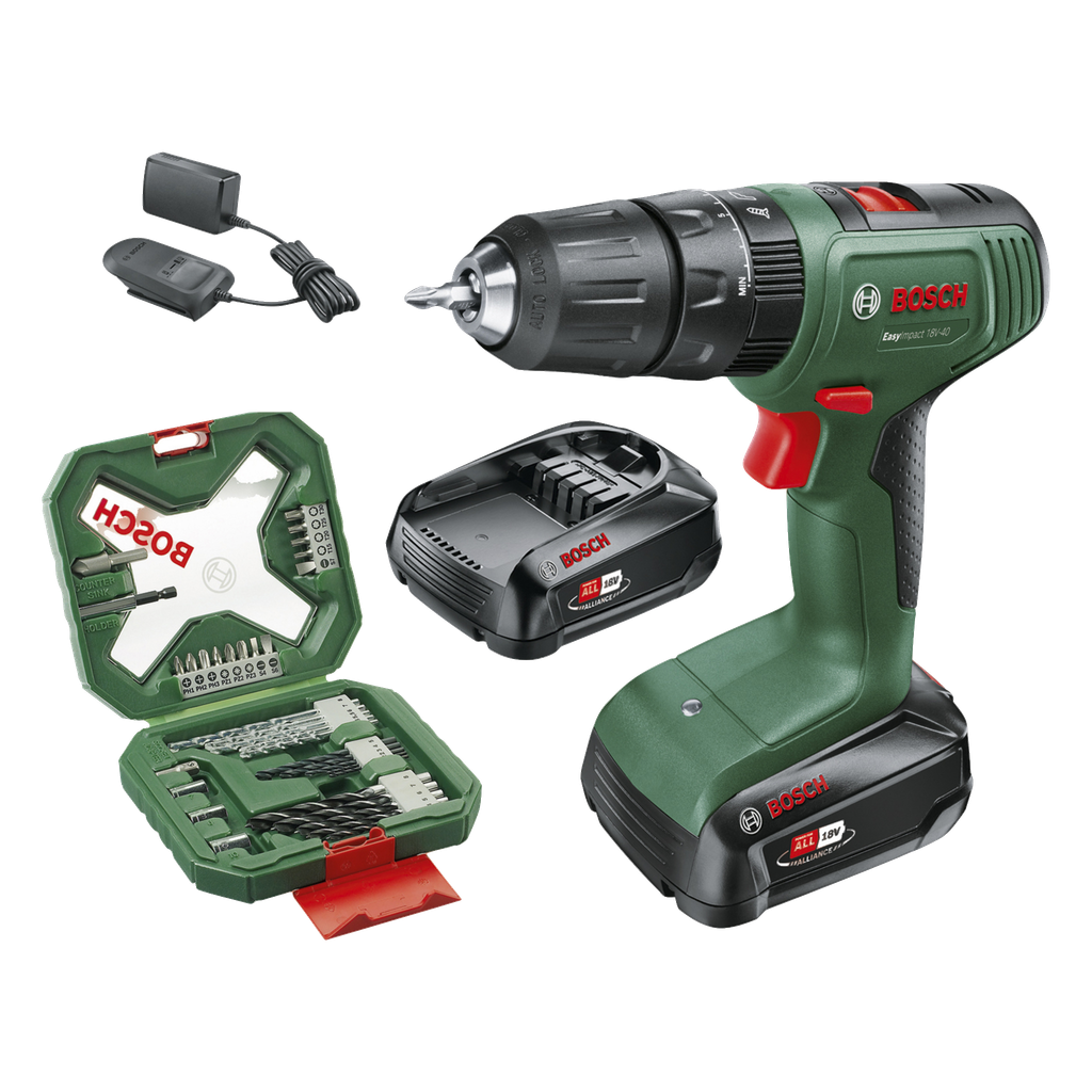 Bosch Power 4 All Slagdrill med batterier og tilbehør