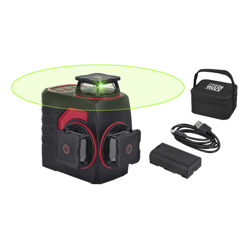 Meec Tools Ladattava ristilaser vihreä 3 x 360°