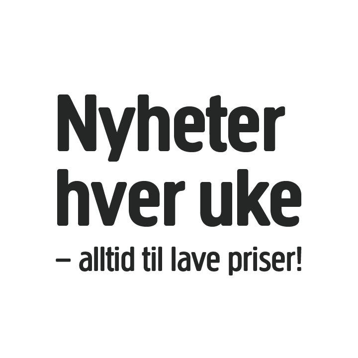 Svart tekst på hvit bakgrunn: Nyheter hver uke - alltid 1 lav pris! Teksten er på norsk og er skrevet med en fet, blokkerende font.
