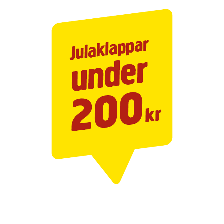 Gul skylt i form av en pratbubbla med texten Julaklappar under 200 kr.