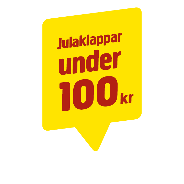En gul skylt i form av en pratbubbla med texten Julaklappar under 100 kr.