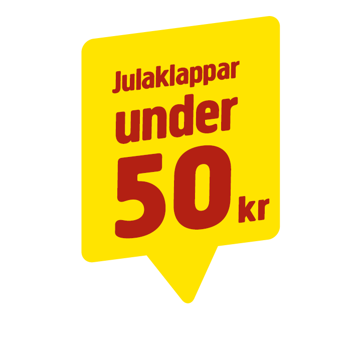 En gul pratbubbla med den röda texten Julaklappar under 50 kr.