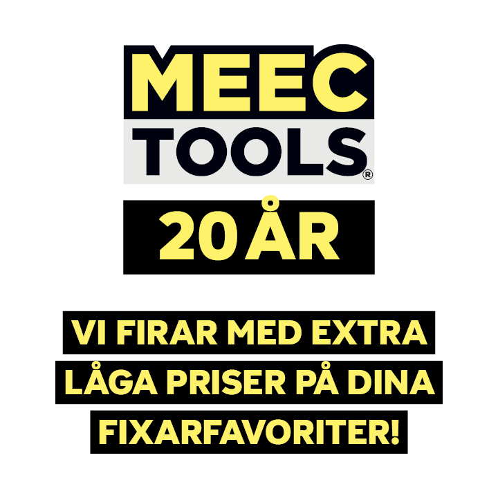 Svart, gul och vit designläsning: MEEC TOOLS 20 ÅR. Fira med extra låga priser på dina fixarfavoriter! 20-årsjubileum rea.