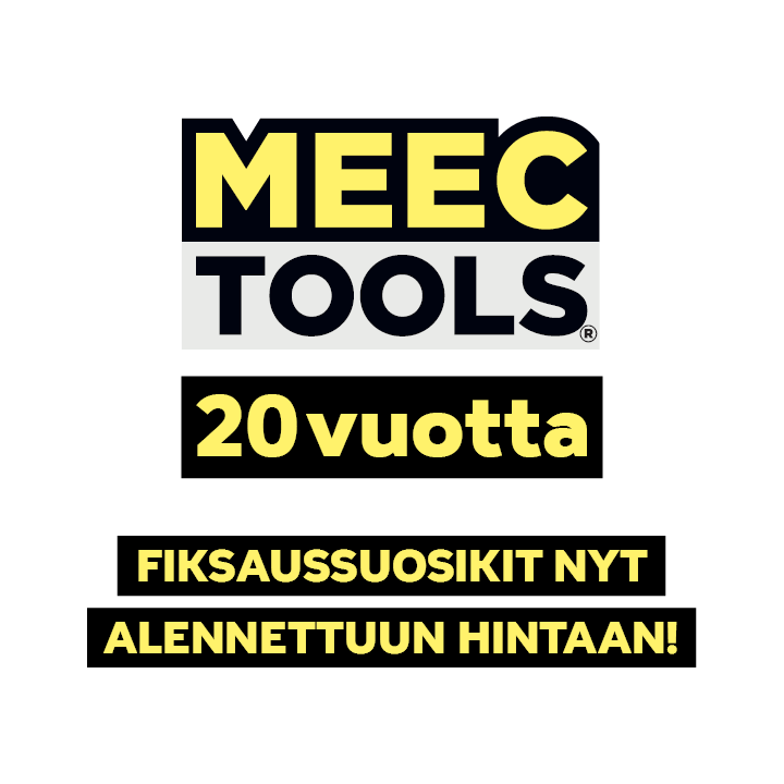 Mustakeltainen grafiikka korostaa Meec Toolsin 20-vuotisjuhlavuotta ja kiinnityssuosikkien alennettuja hintoja.