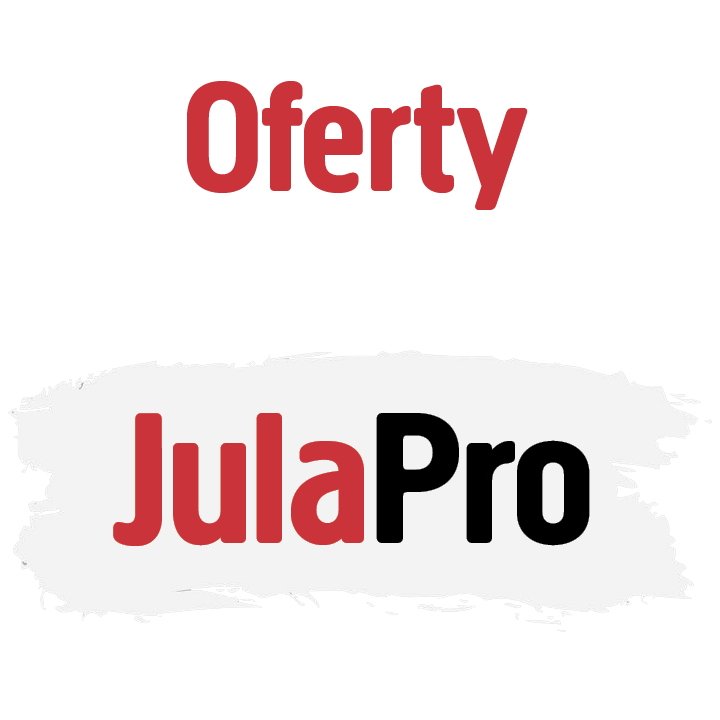 Oferty" pojawia się na czerwono u góry, z dużym logo JulaPro poniżej; "Jula" jest na czerwono, "Pro" jest na czarno pociągnięciem pędzla.