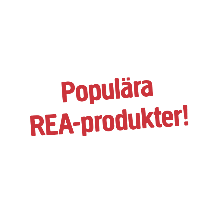 Röd text på ljusgrå bakgrund lyder ”Populära REA-produkter!”, vilket betyder ”Populära REA-produkter!” på engelska.
