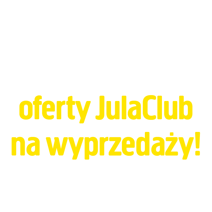 Promocje od JulaClub w sprzedaży! Wyraziste białe i żółte litery na jasnoszarym tle.