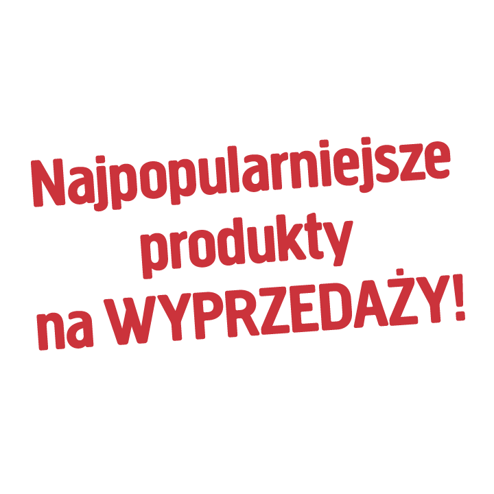 Czerwony tekst brzmi: „Najpopularniejsze produkty na WYPRZEDAŻY!”, co po angielsku oznacza „Most popular products on SALE!”.