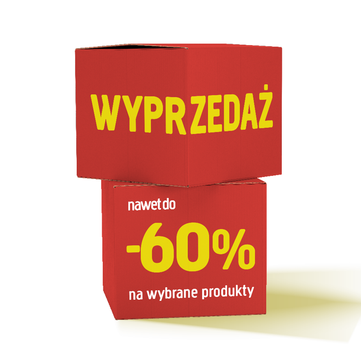 Dwa czerwone pola z żółtym i białym tekstem informują o wyprzedaży, w ramach której na wybrane produkty oferowane są rabaty sięgające nawet 60%.