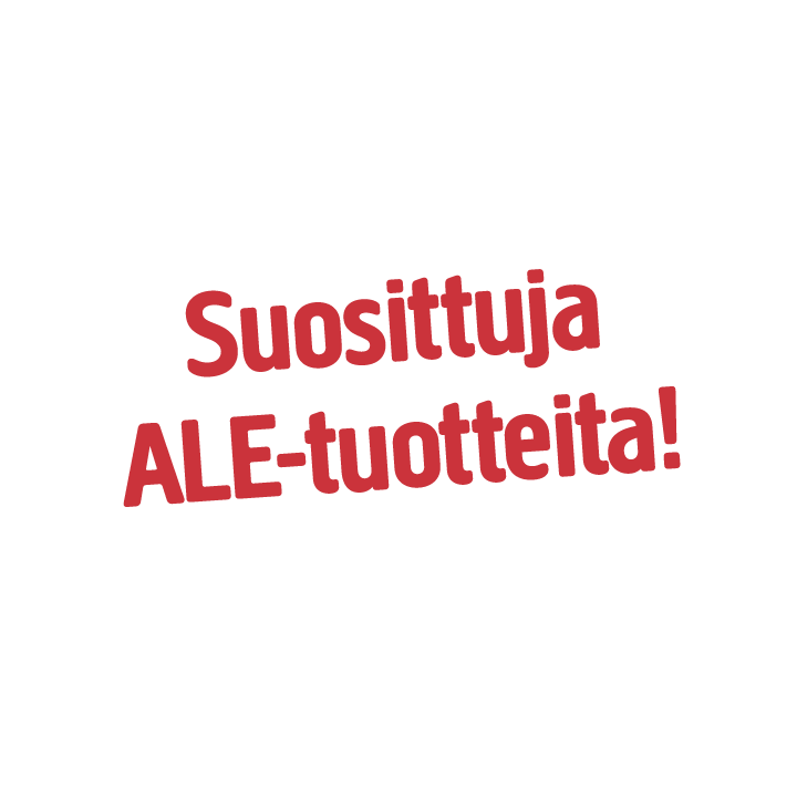 Vaaleanharmaalla taustalla on keskitetty punainen teksti, jossa lukee ”Suosittuja ALE-tuotteita!” lihavoidulla sans-serif-fontilla.