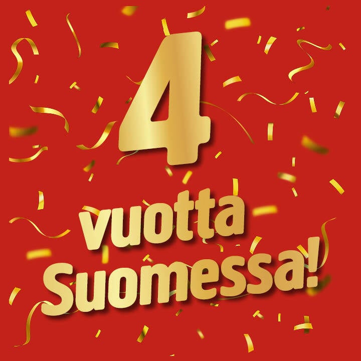 Tekstin vuotta Suomessa! yläpuolella on suuri kultainen numero 4, jota ympäröi kultaisia konfetteja punaisella taustalla.