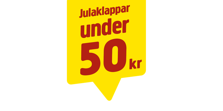 En gul pratbubbla med den röda texten Julaklappar under 50 kr.
