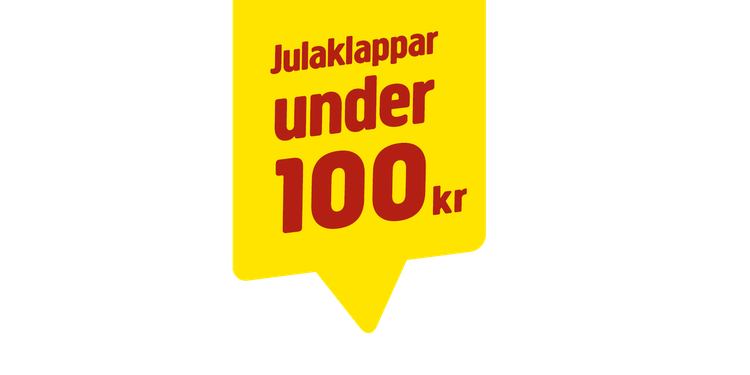 En gul skylt i form av en pratbubbla med texten Julaklappar under 100 kr.